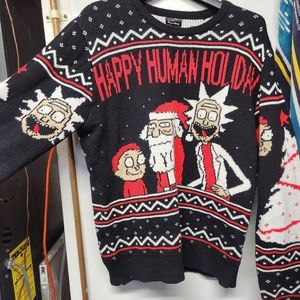 Rick and Marty happy human holiday sweater